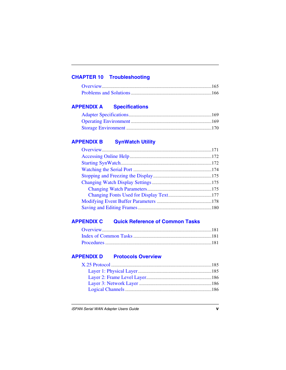 Chapter 10 troubleshooting, Appendix a specifications, Appendix b synwatch utility | Appendix c quick reference of common tasks, Appendix d protocols overview | Interphase Tech iSPAN User Manual | Page 15 / 236