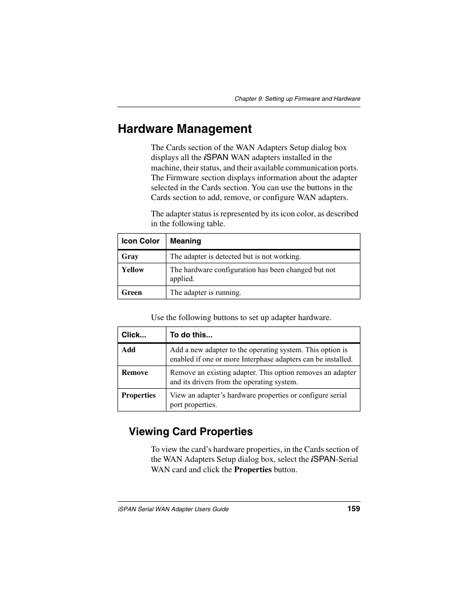 Hardware management, Viewing card properties | Interphase Tech iSPAN User Manual | Page 179 / 236