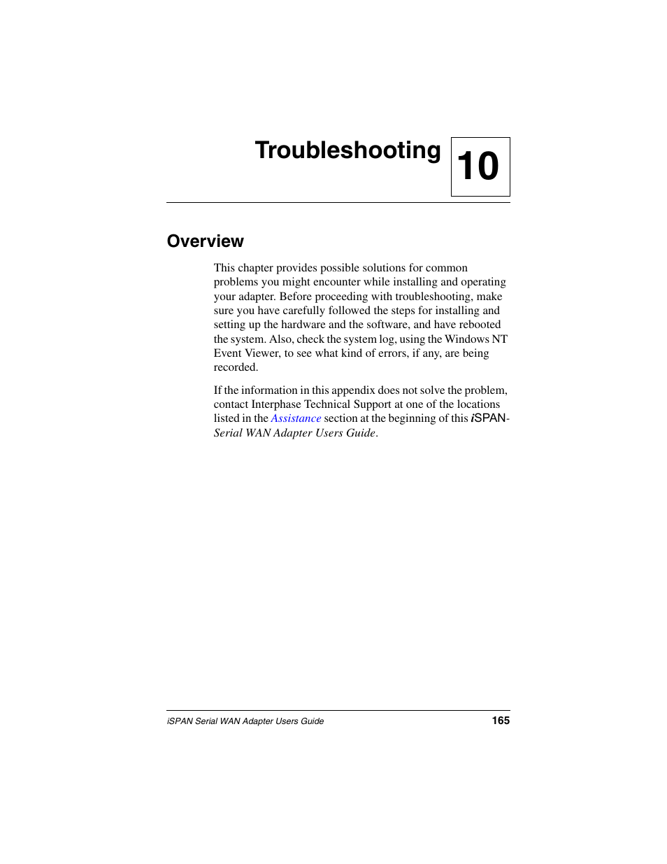 Troubleshooting, Overview, Chapter 10 | 10 troubleshooting | Interphase Tech iSPAN User Manual | Page 185 / 236