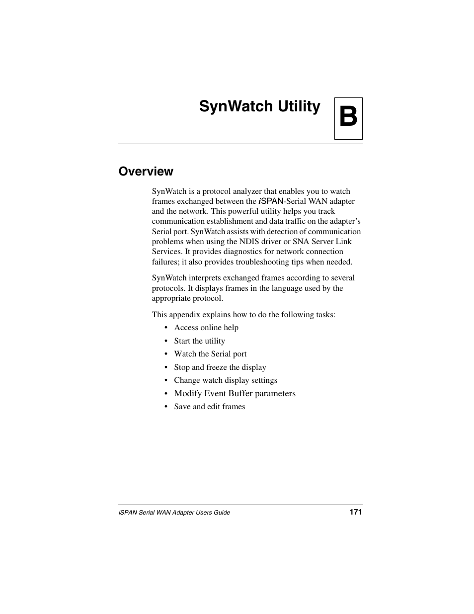 Synwatch utility, Overview, Appendix b | Bsynwatch utility | Interphase Tech iSPAN User Manual | Page 191 / 236