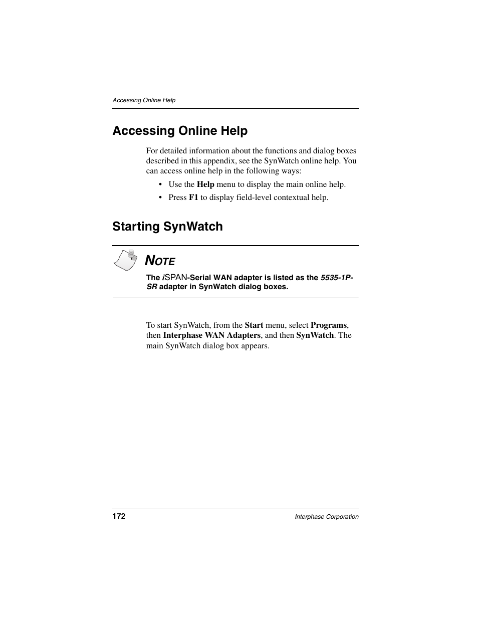 Accessing online help, Starting synwatch | Interphase Tech iSPAN User Manual | Page 192 / 236