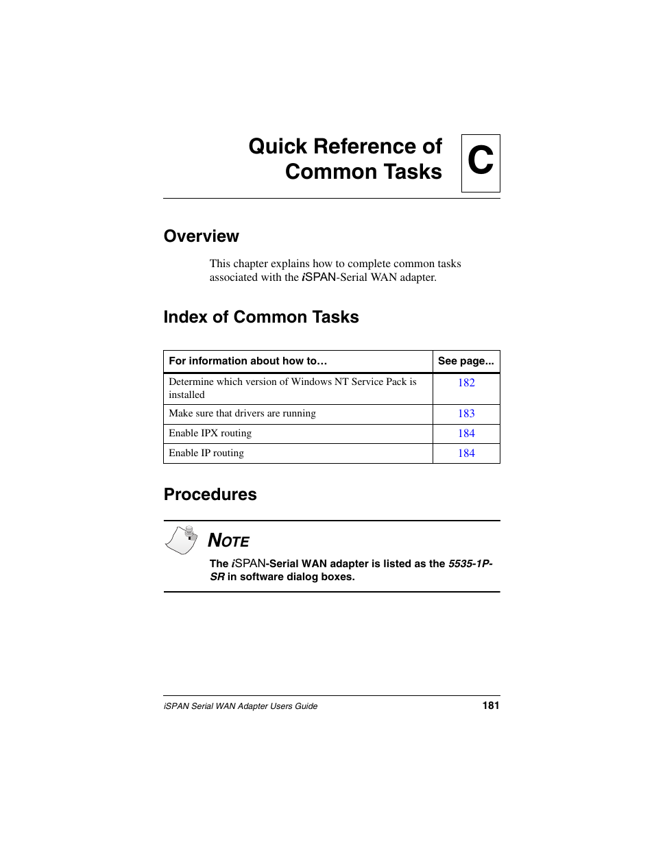 Quick reference of common tasks, Overview, Index of common tasks | Procedures, Appendix c, For the adapter, see, Quick reference of, Installed correctly. (see, Quick reference of common, Cquick reference of common tasks | Interphase Tech iSPAN User Manual | Page 201 / 236