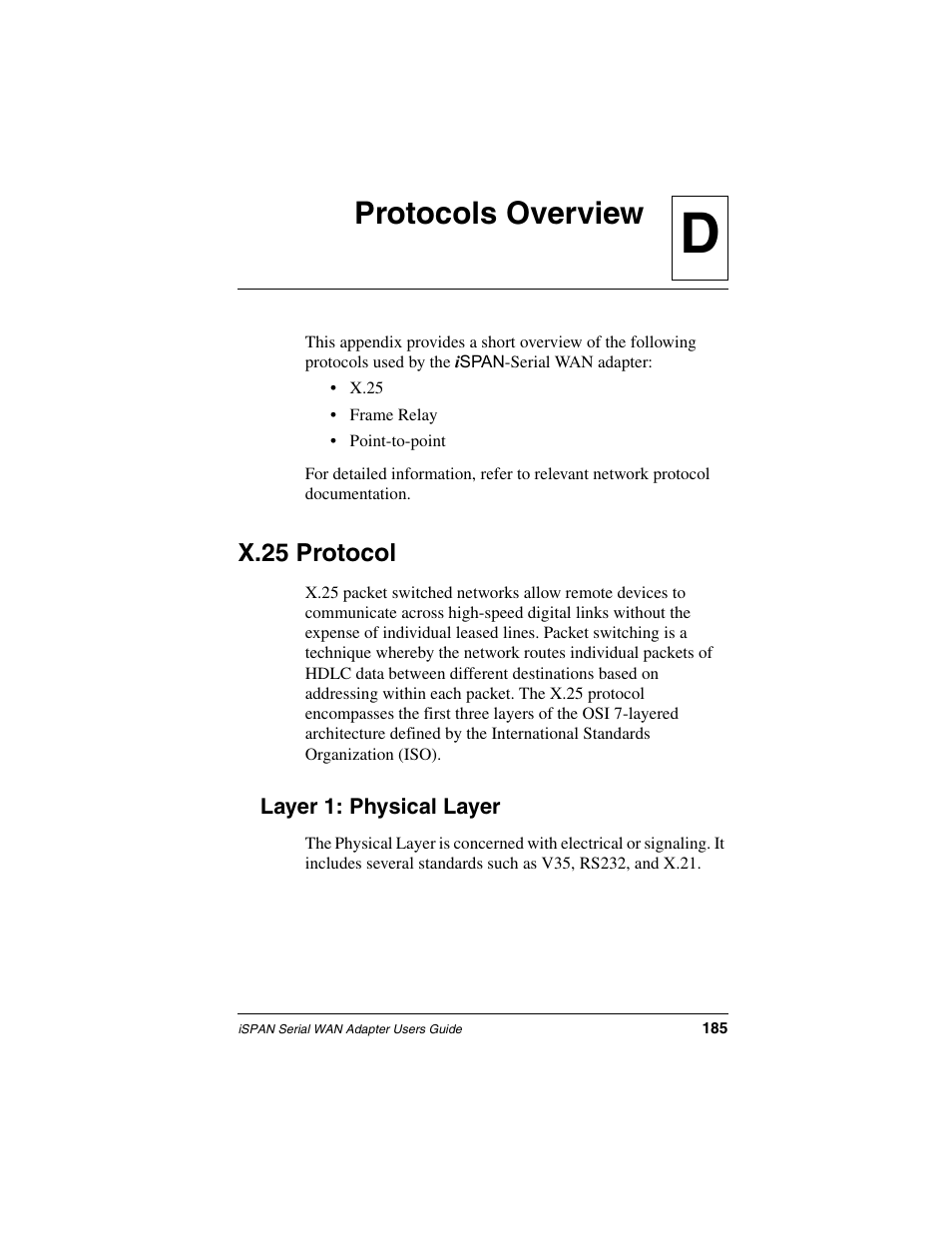 Protocols overview, X.25 protocol, Layer 1: physical layer | Appendix d, Dprotocols overview | Interphase Tech iSPAN User Manual | Page 205 / 236