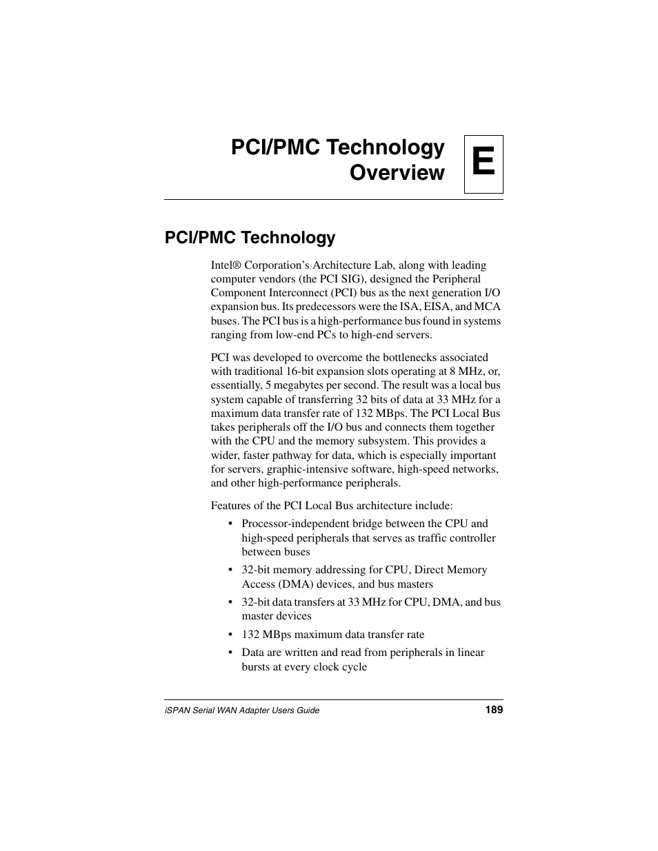Pci/pmc technology overview, Pci/pmc technology, Appendix e | Epci/pmc technology overview | Interphase Tech iSPAN User Manual | Page 209 / 236