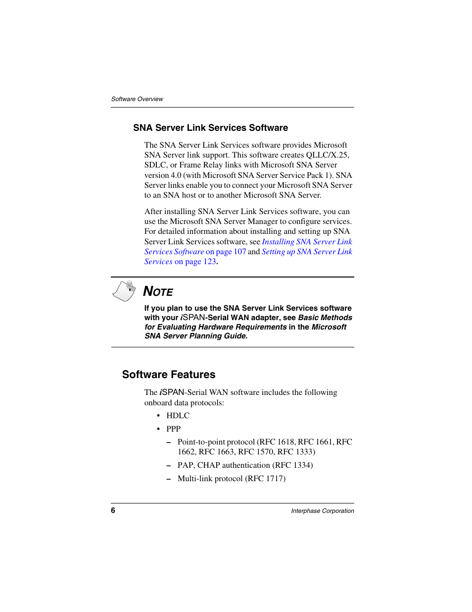 Sna server link services software, Software features | Interphase Tech iSPAN User Manual | Page 26 / 236