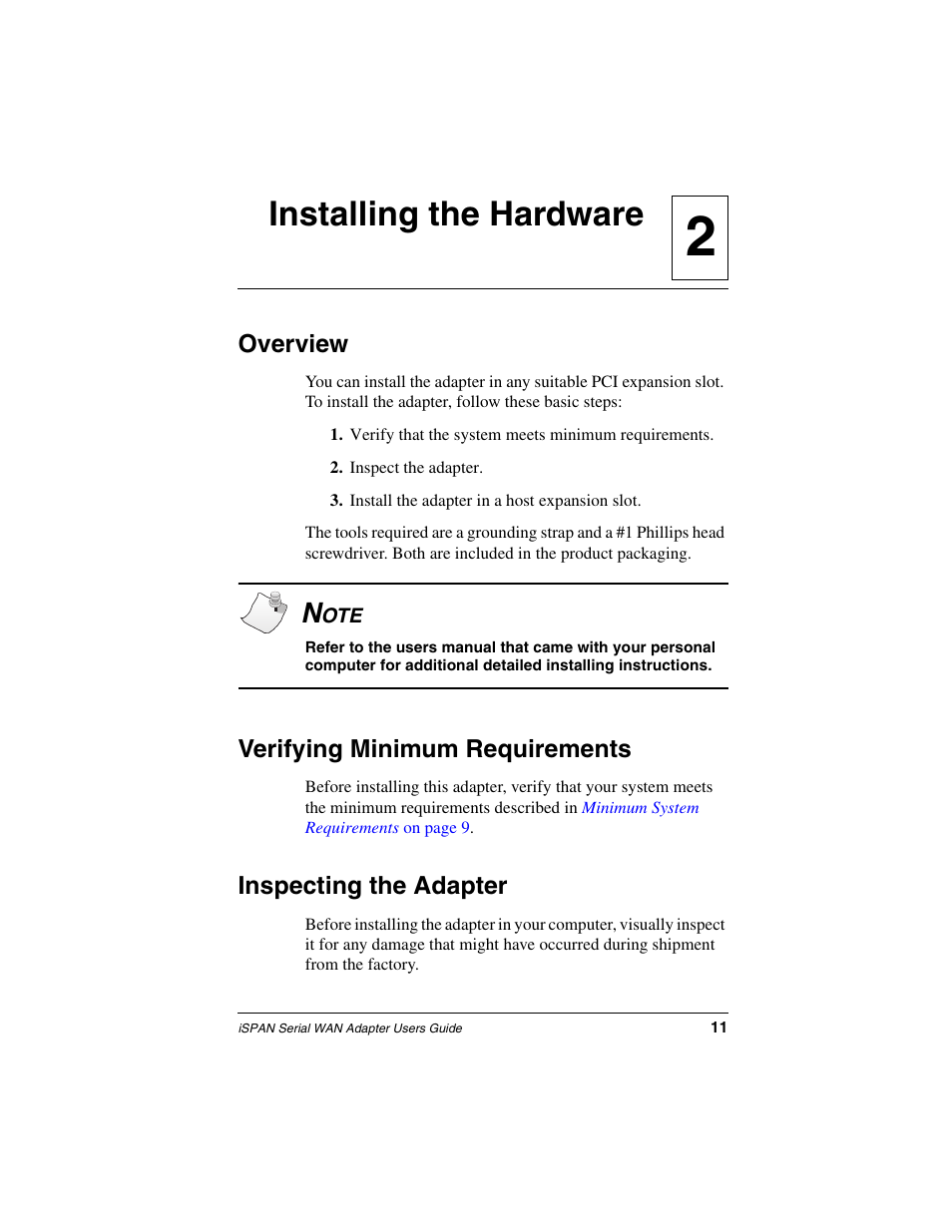Installing the hardware, Overview, Verifying minimum requirements | Inspecting the adapter, Chapter 2, 2installing the hardware | Interphase Tech iSPAN User Manual | Page 31 / 236