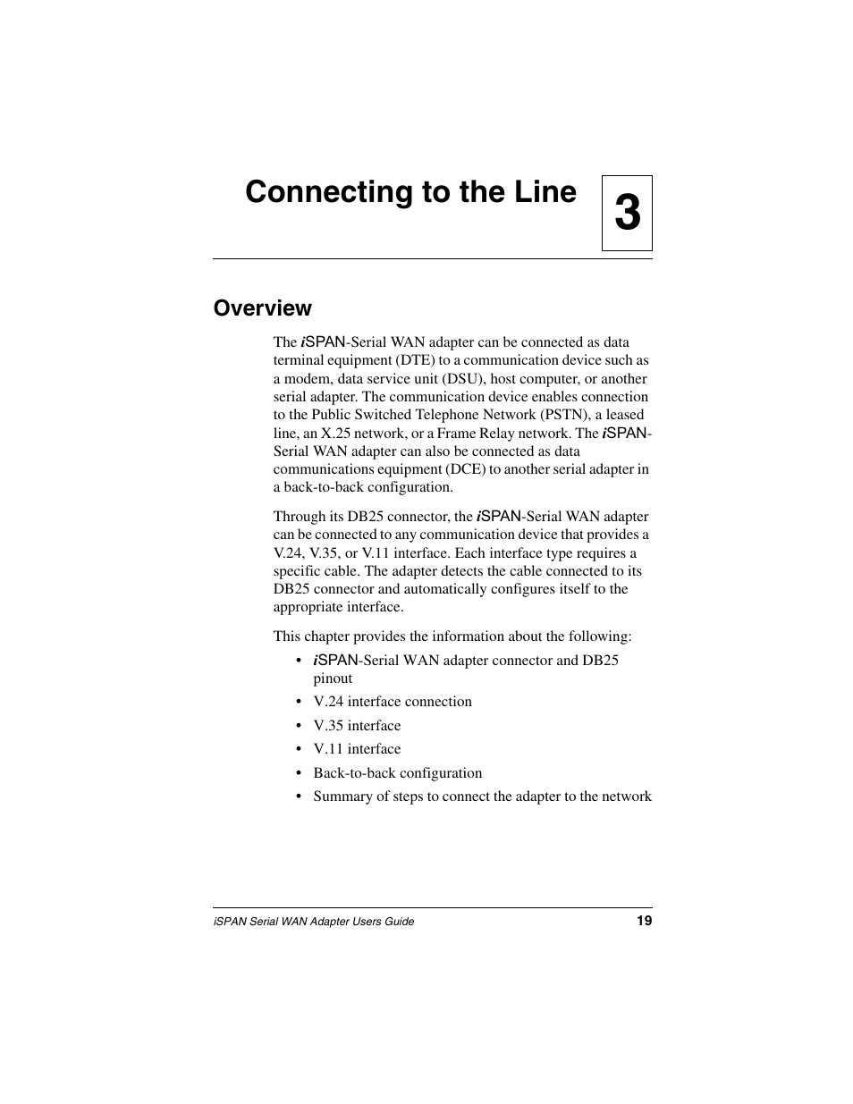 Connecting to the line, Overview, Chapter 3 | Connecting to the line on, 3connecting to the line | Interphase Tech iSPAN User Manual | Page 39 / 236