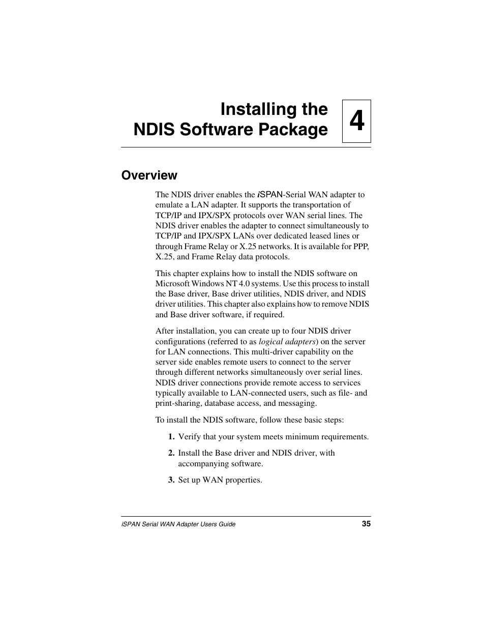 Installing the ndissoftware package, Overview, Chapter 4 | Installing the ndis software package, Re, see, Installing the, 4installing the ndis software package | Interphase Tech iSPAN User Manual | Page 55 / 236
