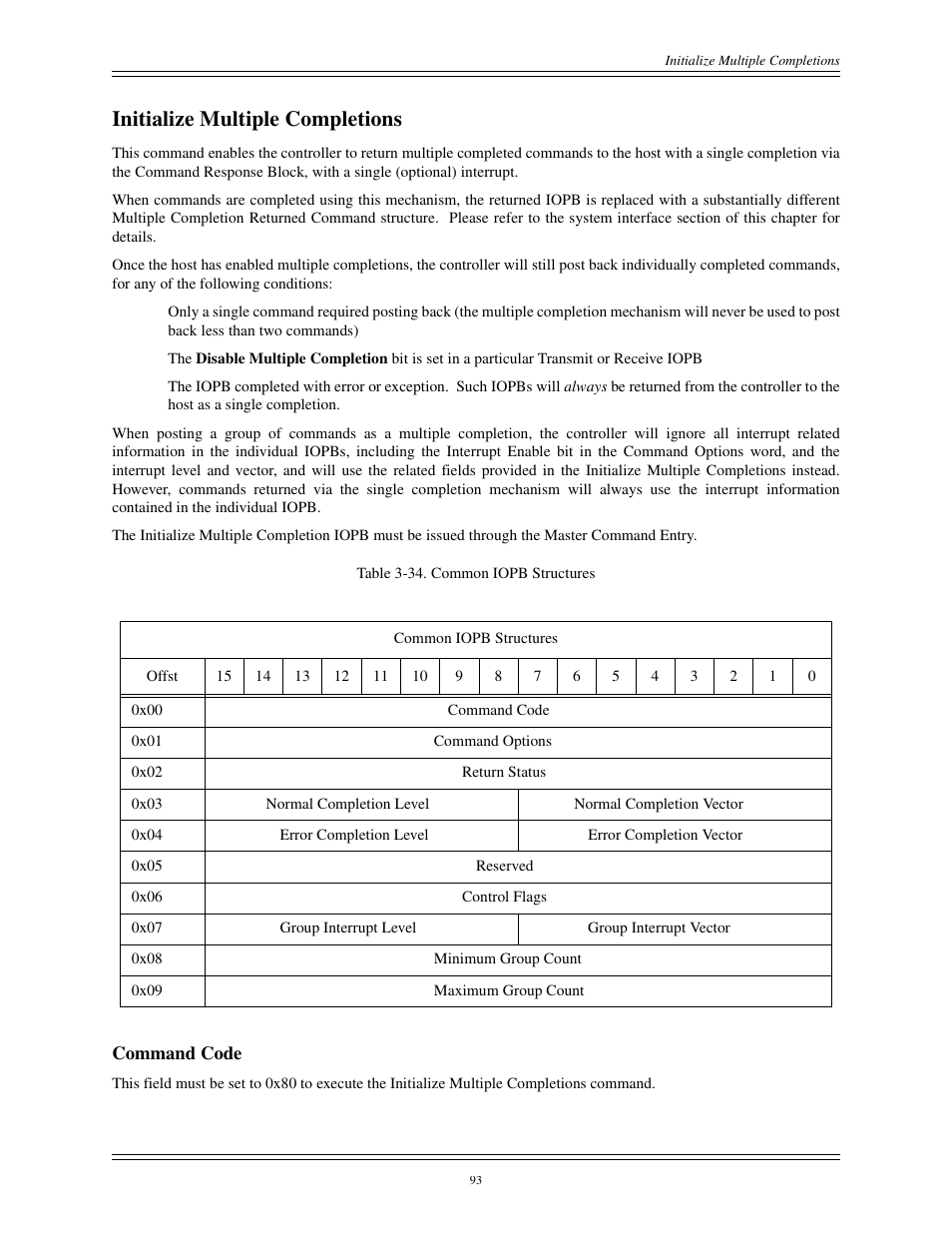 Initialize multiple completions, Command code | Interphase Tech CONDOR 4221 User Manual | Page 105 / 124