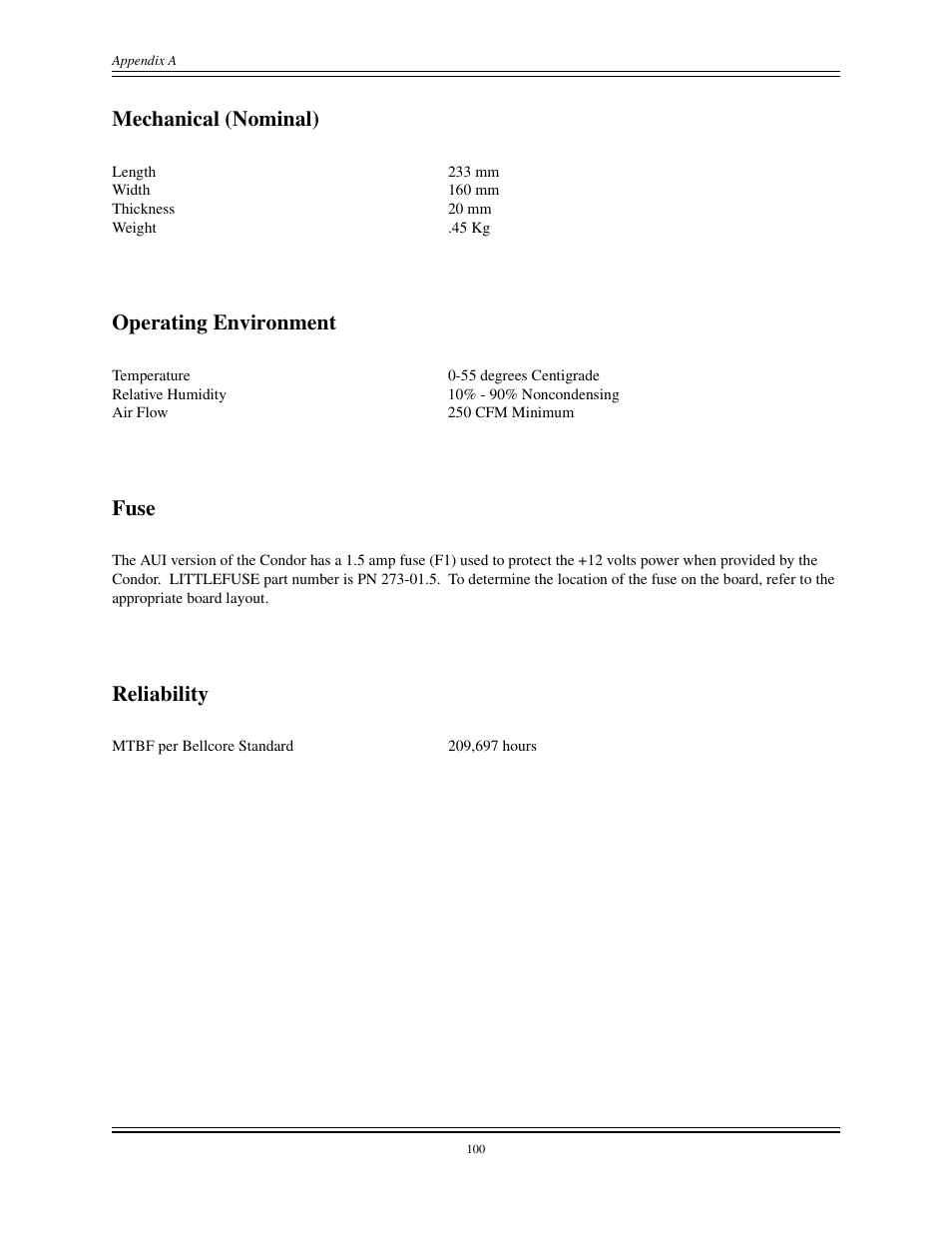 Operating environment fuse reliability, Mechanical (nominal), Operating environment | Fuse, Reliability | Interphase Tech CONDOR 4221 User Manual | Page 112 / 124