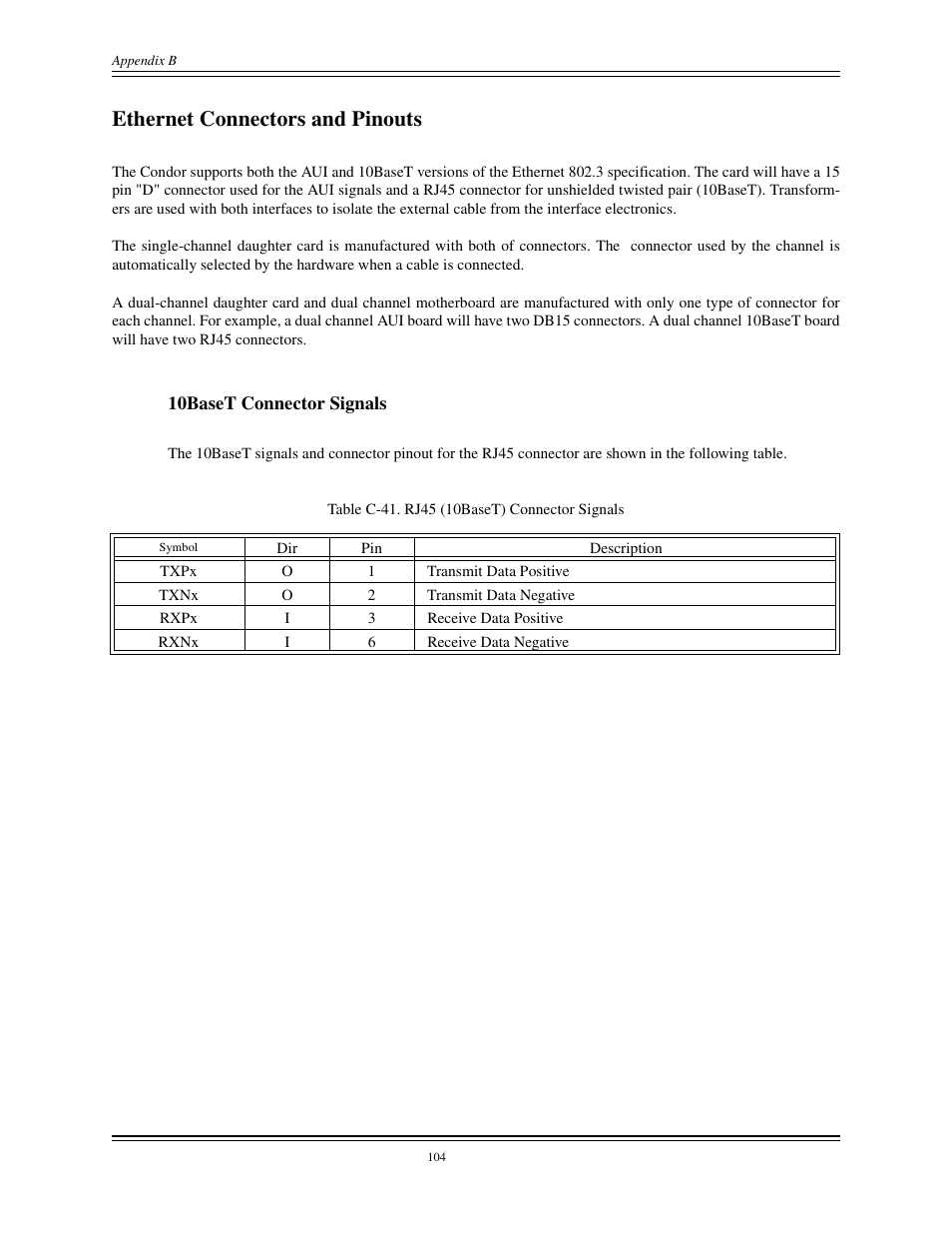 Ethernet connectors and pinouts, Table c-41 | Interphase Tech CONDOR 4221 User Manual | Page 116 / 124