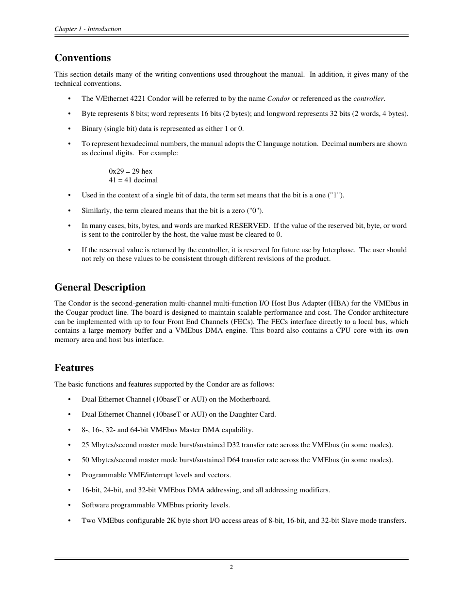 Conventions general description features, Conventions, General description | Features | Interphase Tech CONDOR 4221 User Manual | Page 14 / 124