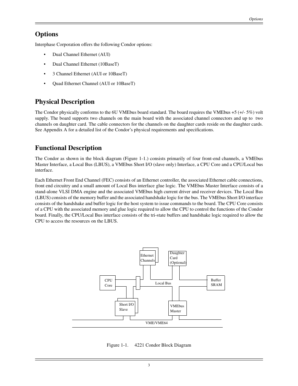 Figure 1-1, 4221 condor block diagram, Options | Physical description, Functional description | Interphase Tech CONDOR 4221 User Manual | Page 15 / 124