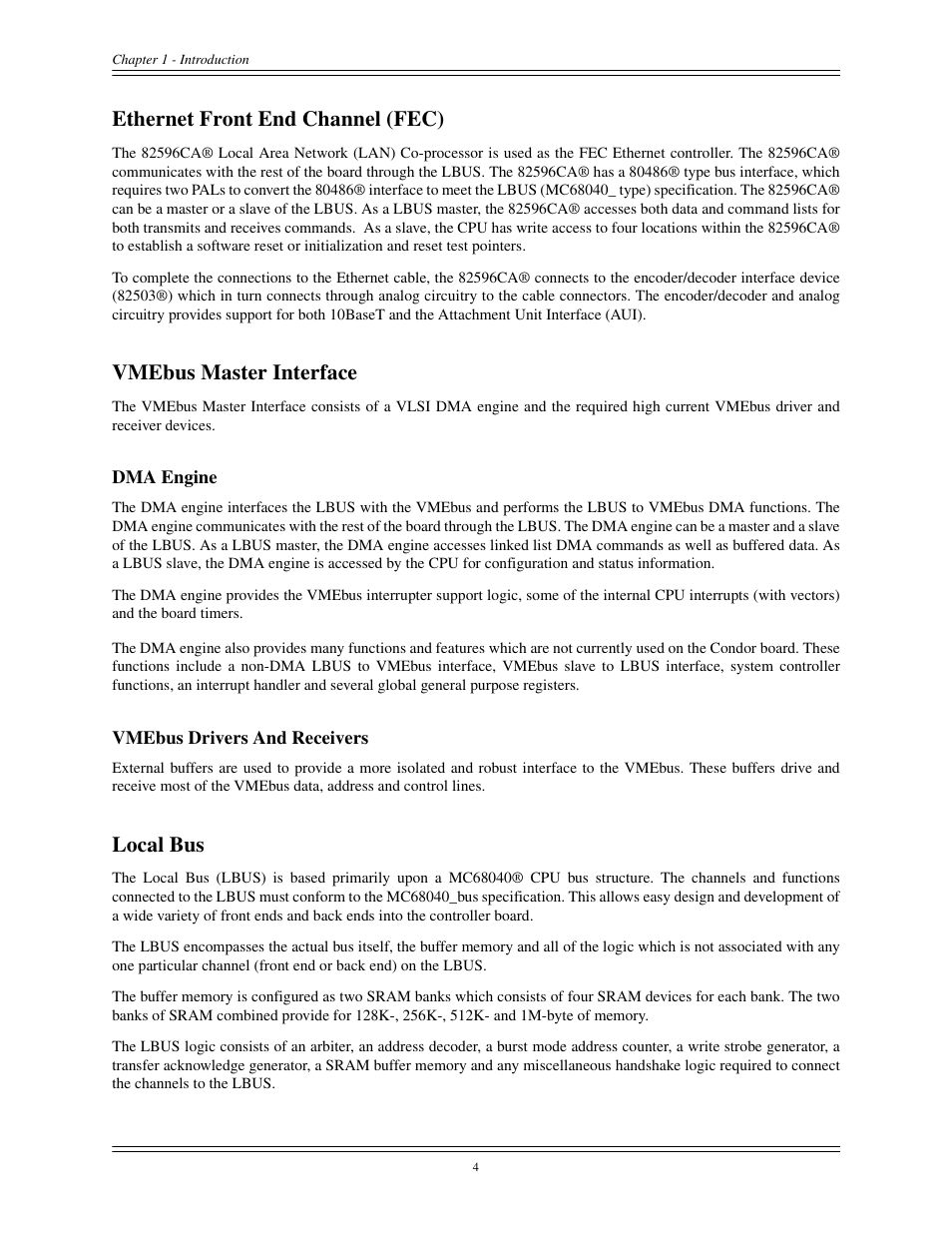 Dma engine vmebus drivers and receivers, Local bus, Ethernet front end channel (fec) | Vmebus master interface | Interphase Tech CONDOR 4221 User Manual | Page 16 / 124