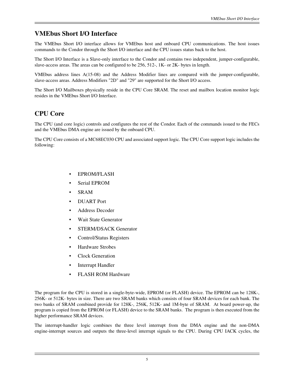 Vmebus short i/o interface cpu core, Vmebus short i/o interface, Cpu core | Interphase Tech CONDOR 4221 User Manual | Page 17 / 124