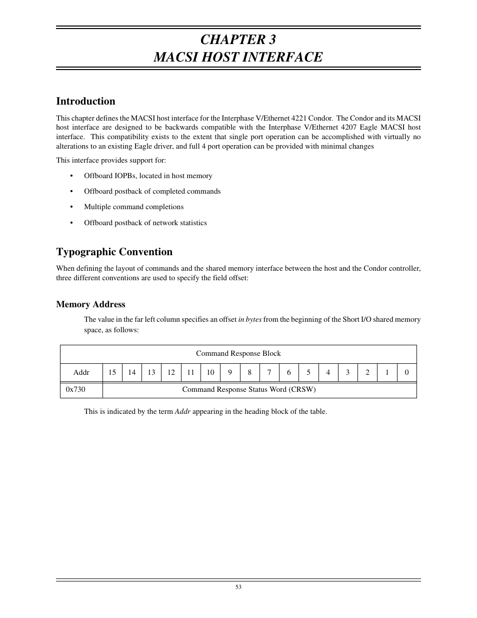 Memory address, Chapter 3 macsi host interface, Introduction | Typographic convention | Interphase Tech CONDOR 4221 User Manual | Page 65 / 124