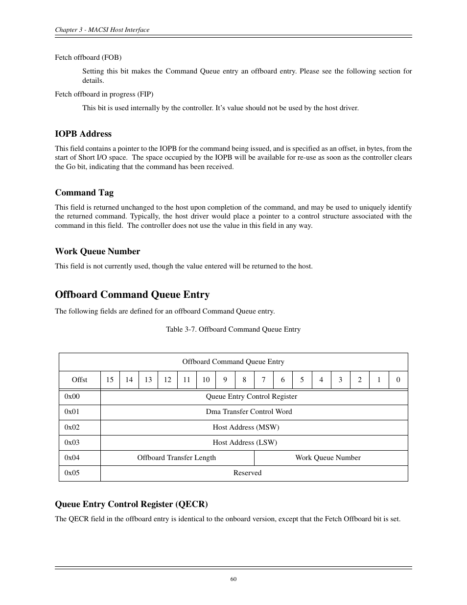 Iopb address command tag work queue number, Offboard command queue entry, Queue entry control register (qecr) | Interphase Tech CONDOR 4221 User Manual | Page 72 / 124