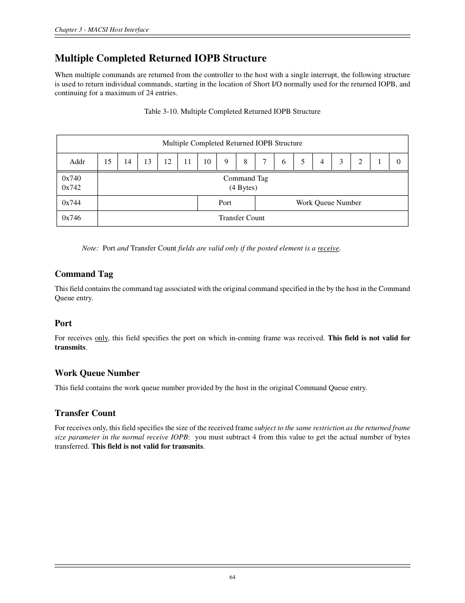 Multiple completed returned iopb structure, Command tag port work queue number transfer count | Interphase Tech CONDOR 4221 User Manual | Page 76 / 124