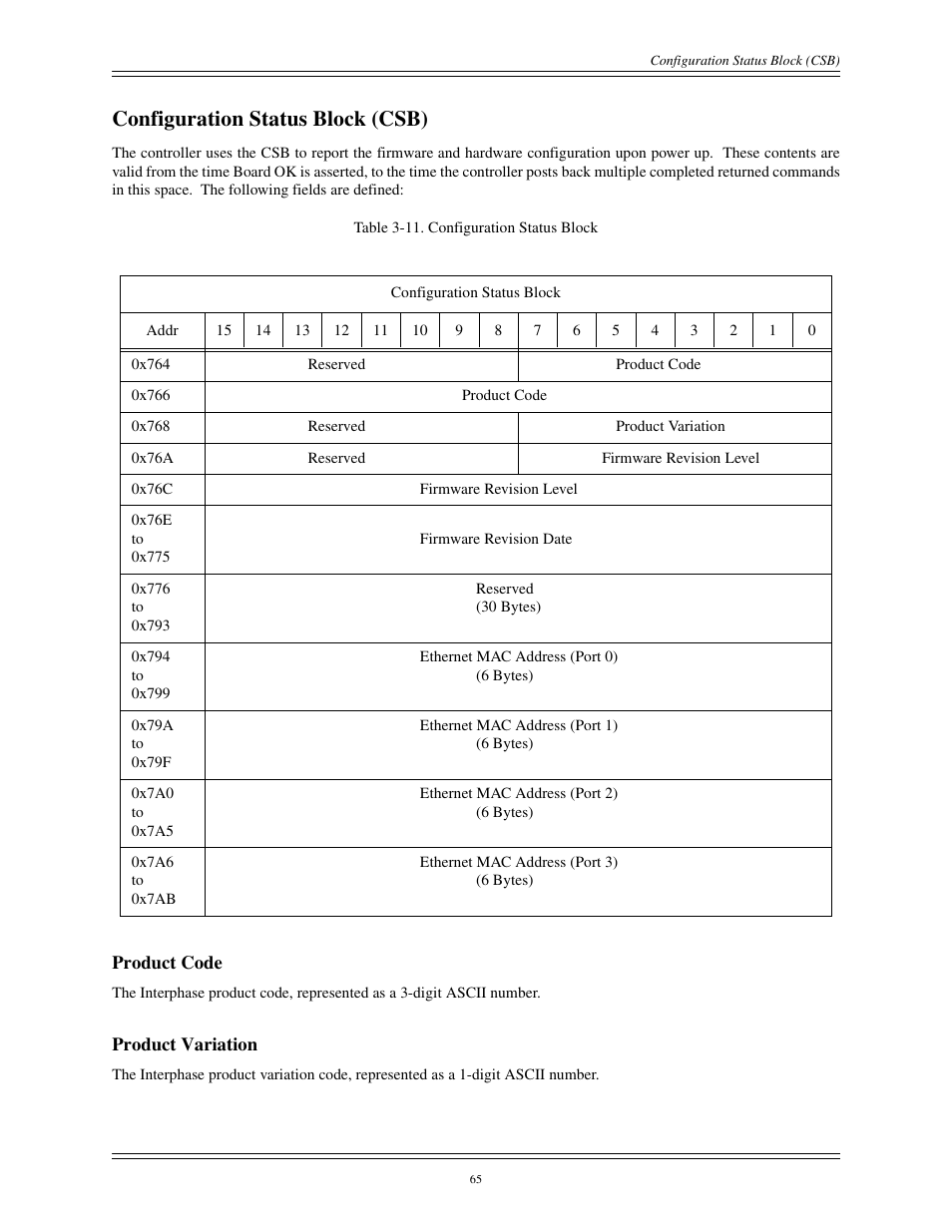 Configuration status block (csb), Product code product variation | Interphase Tech CONDOR 4221 User Manual | Page 77 / 124