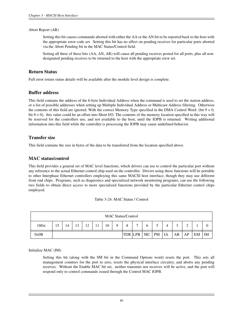 Return status buffer address, Mac status/control, Mechanical (nominal) | Interphase Tech CONDOR 4221 User Manual | Page 92 / 124