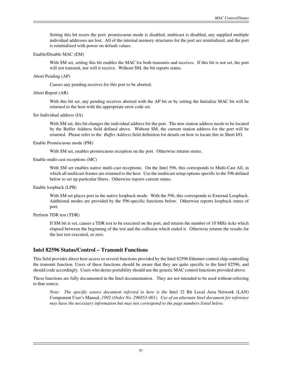 Intel 82596 status/control – transmit functions | Interphase Tech CONDOR 4221 User Manual | Page 93 / 124
