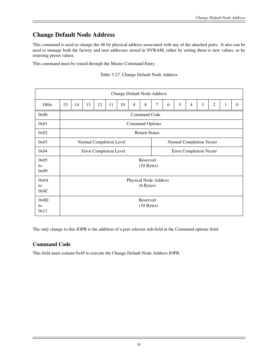Change default node address, Command code | Interphase Tech CONDOR 4221 User Manual | Page 97 / 124