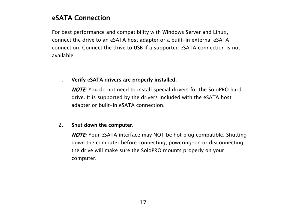 Esata connection | ioSafe SoloPRO eSATA/USB 2.0 User Manual | Page 17 / 27