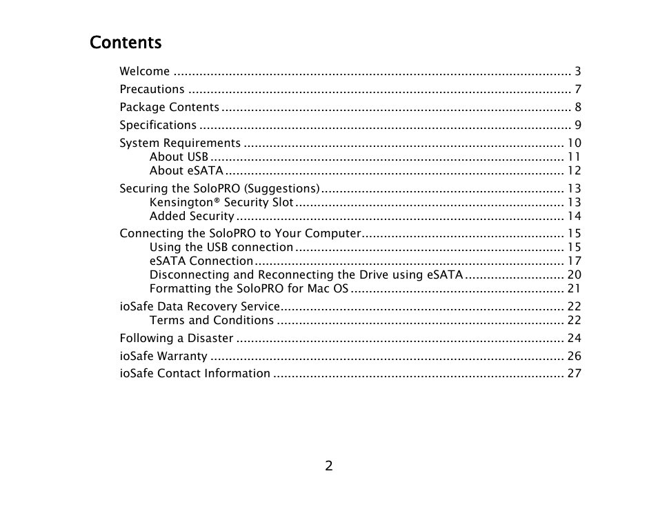 ioSafe SoloPRO eSATA/USB 2.0 User Manual | Page 2 / 27