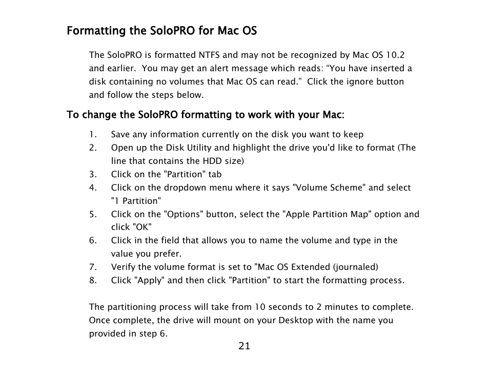 Formatting the solopro for mac os | ioSafe SoloPRO eSATA/USB 2.0 User Manual | Page 21 / 27