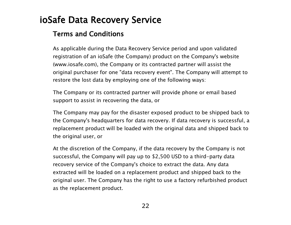 Iosafe data recovery service | ioSafe SoloPRO eSATA/USB 2.0 User Manual | Page 22 / 27