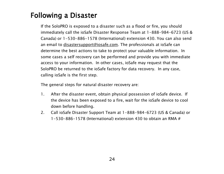 Following a disaster | ioSafe SoloPRO eSATA/USB 2.0 User Manual | Page 24 / 27