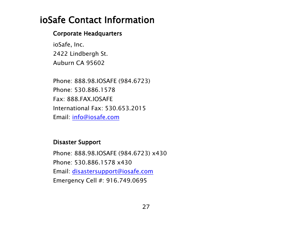 Iosafe contact information | ioSafe SoloPRO eSATA/USB 2.0 User Manual | Page 27 / 27