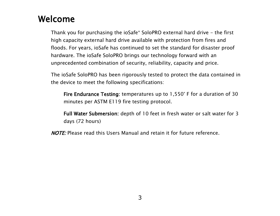 Welcome | ioSafe SoloPRO eSATA/USB 2.0 User Manual | Page 3 / 27