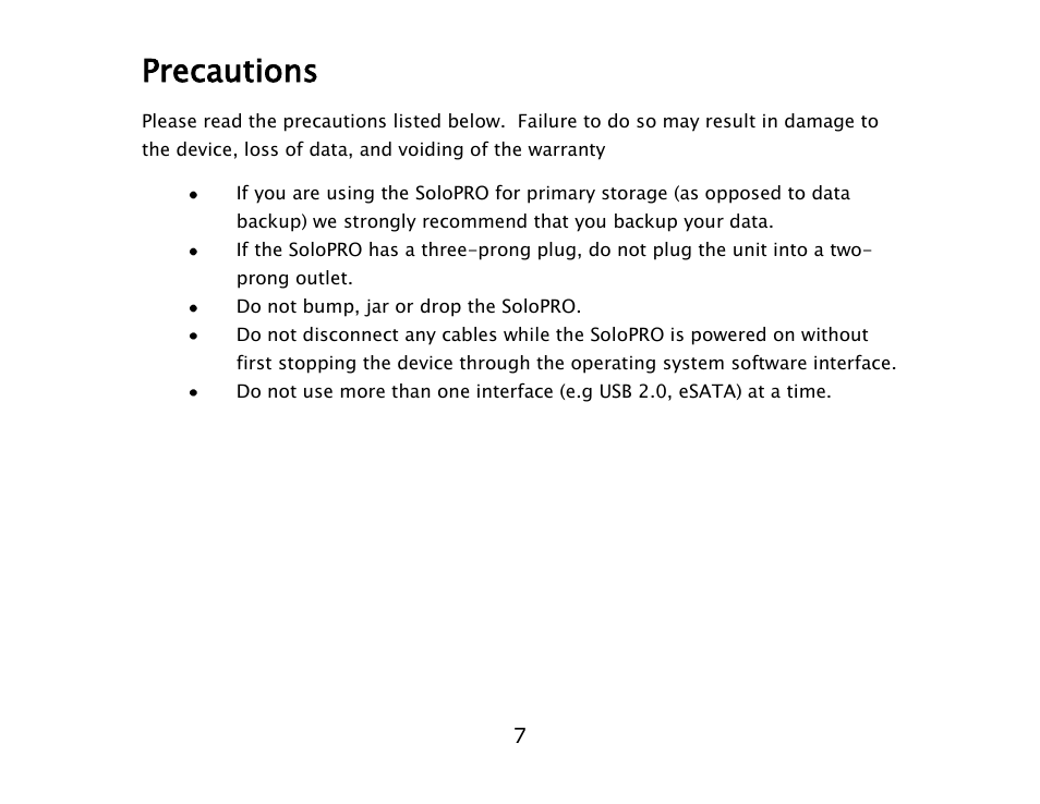 Precautions | ioSafe SoloPRO eSATA/USB 2.0 User Manual | Page 7 / 27