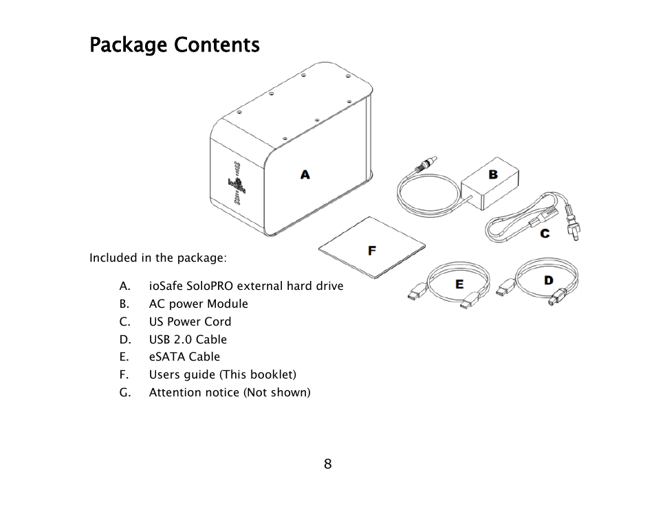 Package contents | ioSafe SoloPRO eSATA/USB 2.0 User Manual | Page 8 / 27