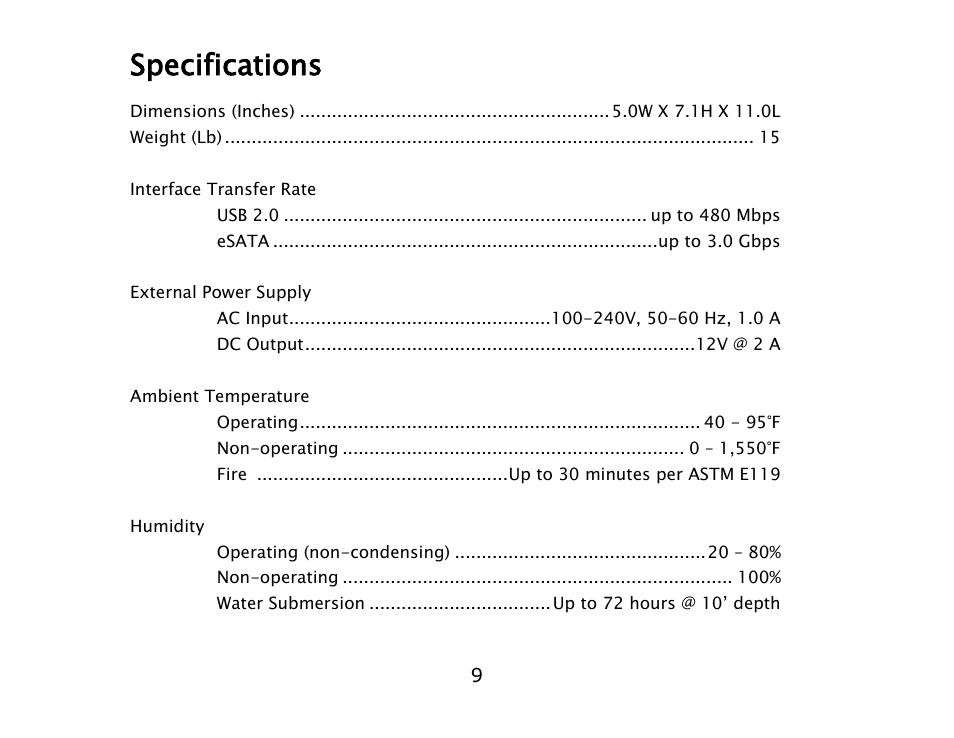 Specifications | ioSafe SoloPRO eSATA/USB 2.0 User Manual | Page 9 / 27