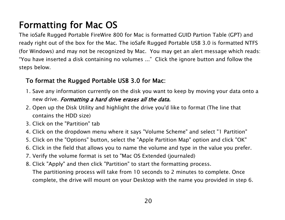 Formatting for mac os | ioSafe 910-11011-00 User Manual | Page 20 / 26