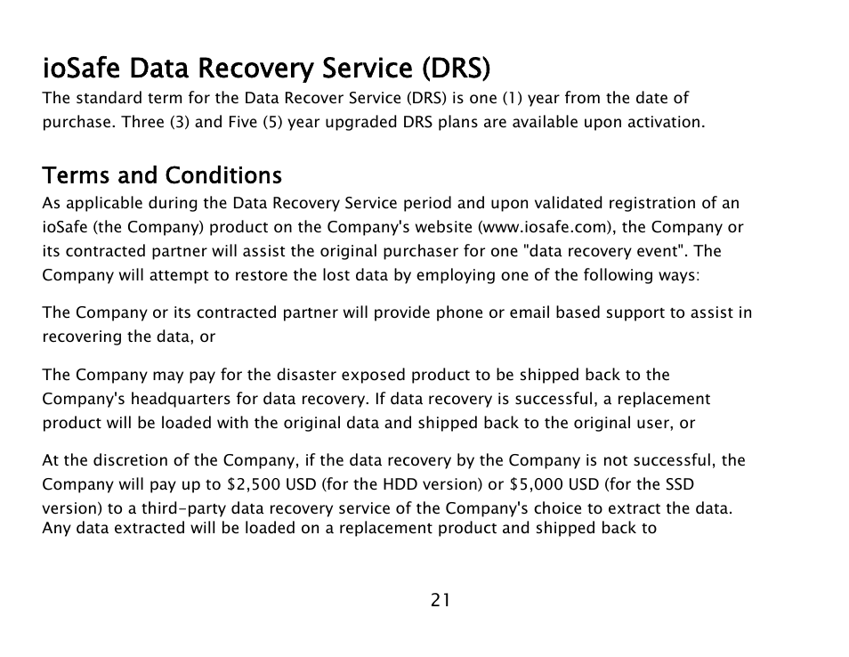 Iosafe data recovery service (drs), Terms and conditions | ioSafe 910-11011-00 User Manual | Page 21 / 26
