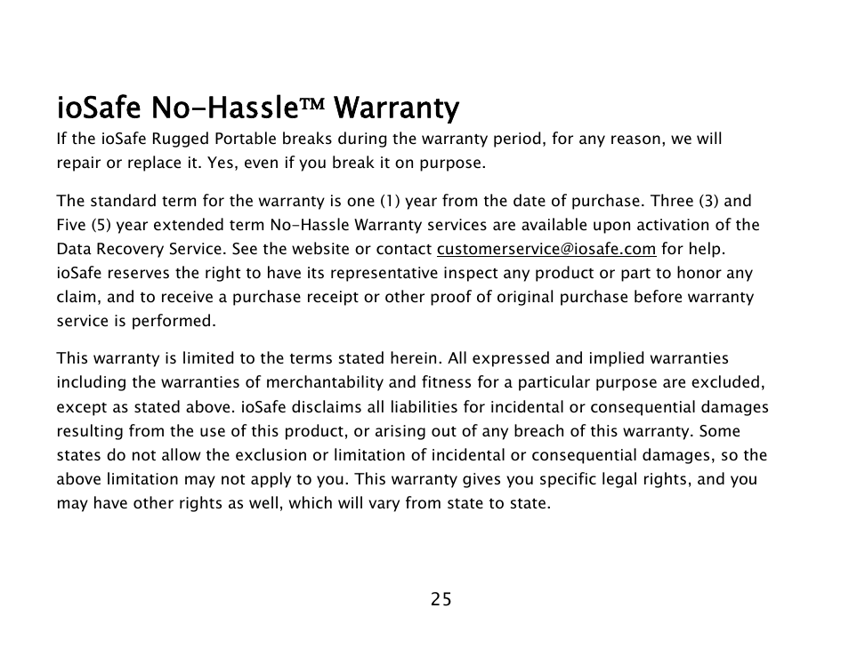 Iosafe no-hassle warranty | ioSafe 910-11011-00 User Manual | Page 25 / 26