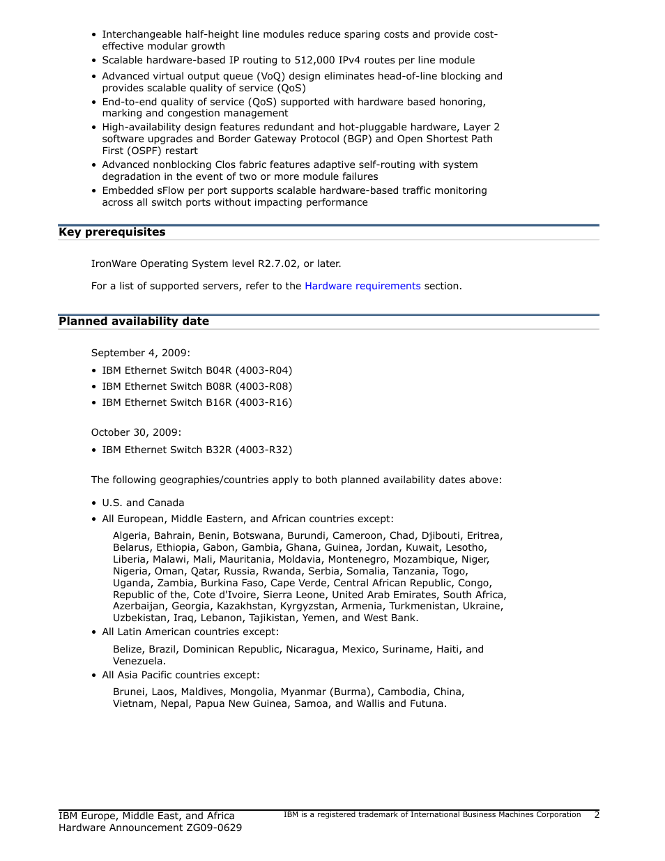 Key prerequisites, Planned availability date | IBM ZG09-0629 User Manual | Page 2 / 24