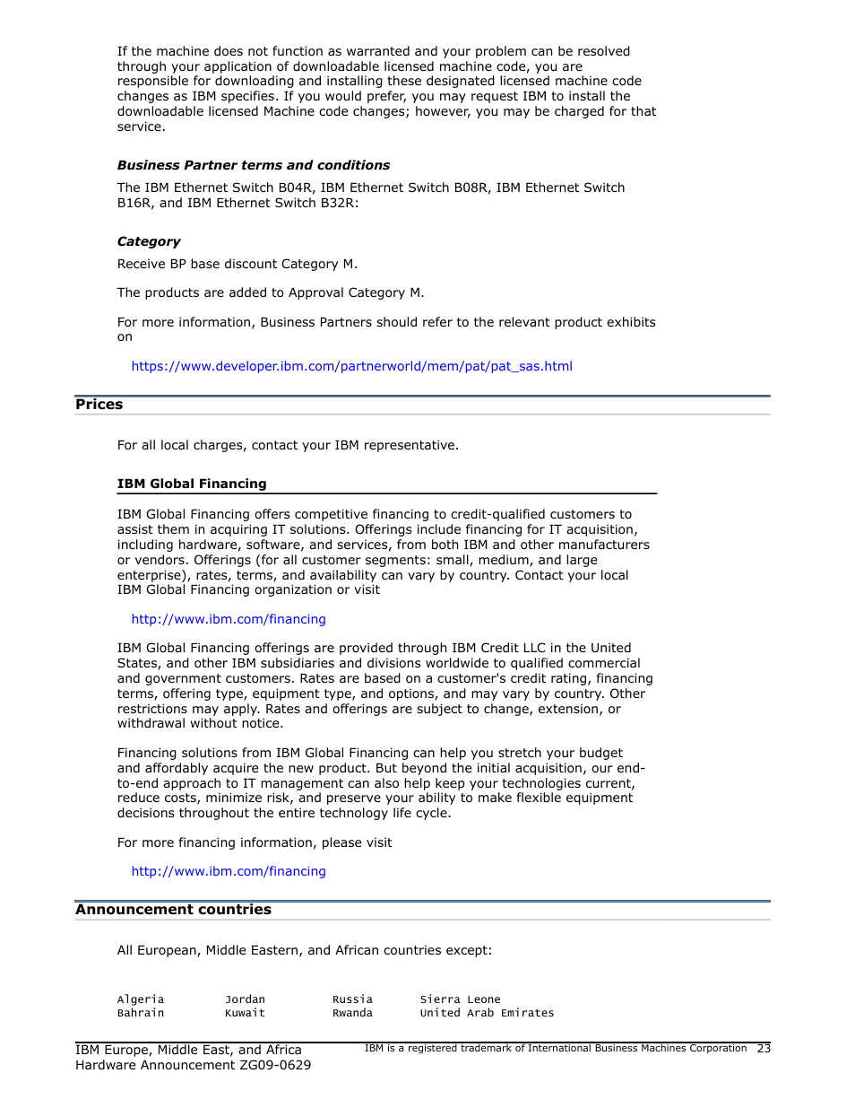 Prices, Announcement countries | IBM ZG09-0629 User Manual | Page 23 / 24