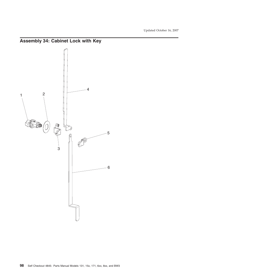 Assembly 34: cabinet lock with key, Assembly, Cabinet | Lock, With | IBM 8xx User Manual | Page 110 / 156