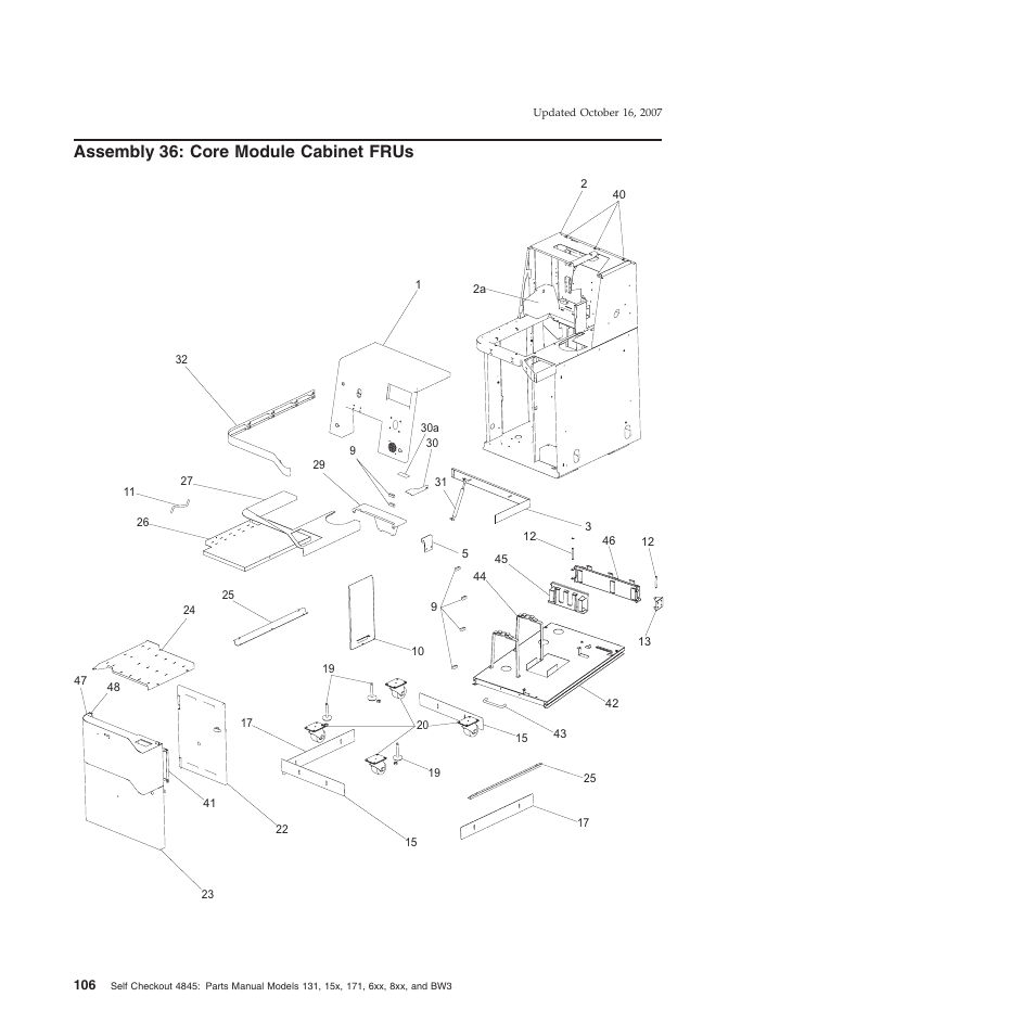 Assembly 36: core module cabinet frus, Assembly, Core | Module, Cabinet, Frus | IBM 8xx User Manual | Page 118 / 156