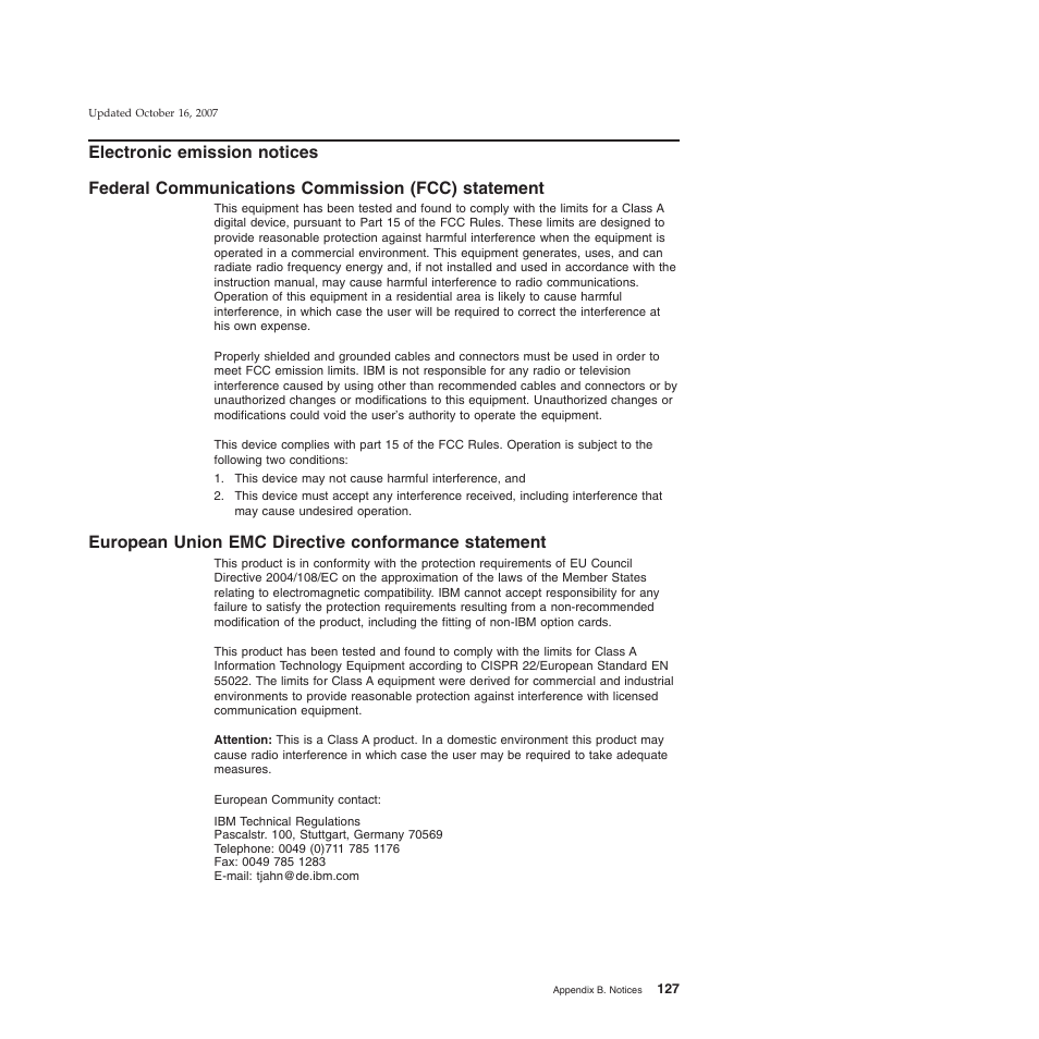 Electronic emission notices, Federal communications commission (fcc) statement, European union emc directive conformance statement | Electronic, Emission, Notices, Federal, Communications, Commission, Fcc) | IBM 8xx User Manual | Page 139 / 156