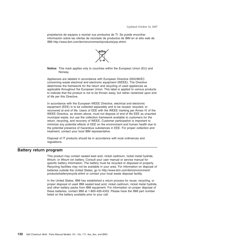 Battery return program, Battery, Return | Program | IBM 8xx User Manual | Page 142 / 156