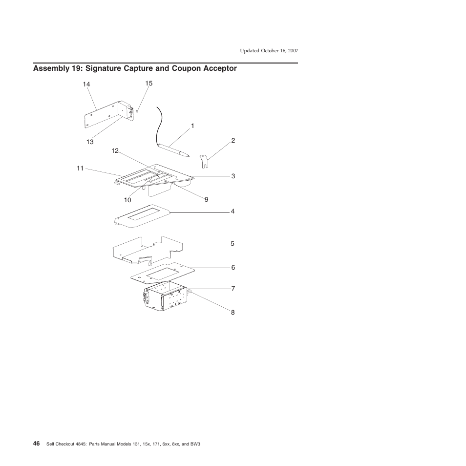 Assembly 19: signature capture and coupon acceptor, Assembly, Signature | Capture, Coupon, Acceptor | IBM 8xx User Manual | Page 58 / 156