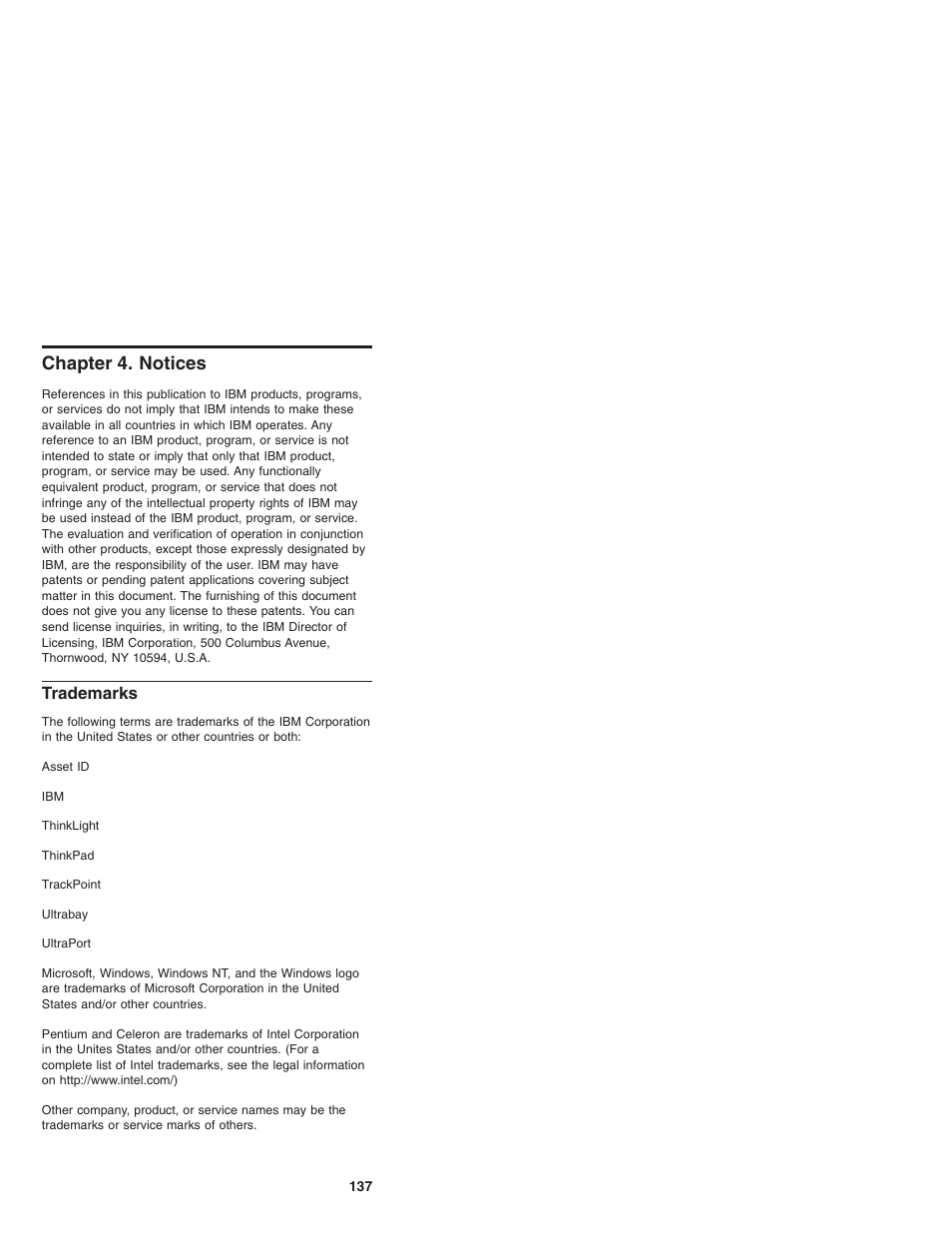 Chapter 4. notices, Trademarks | IBM X23 User Manual | Page 141 / 141