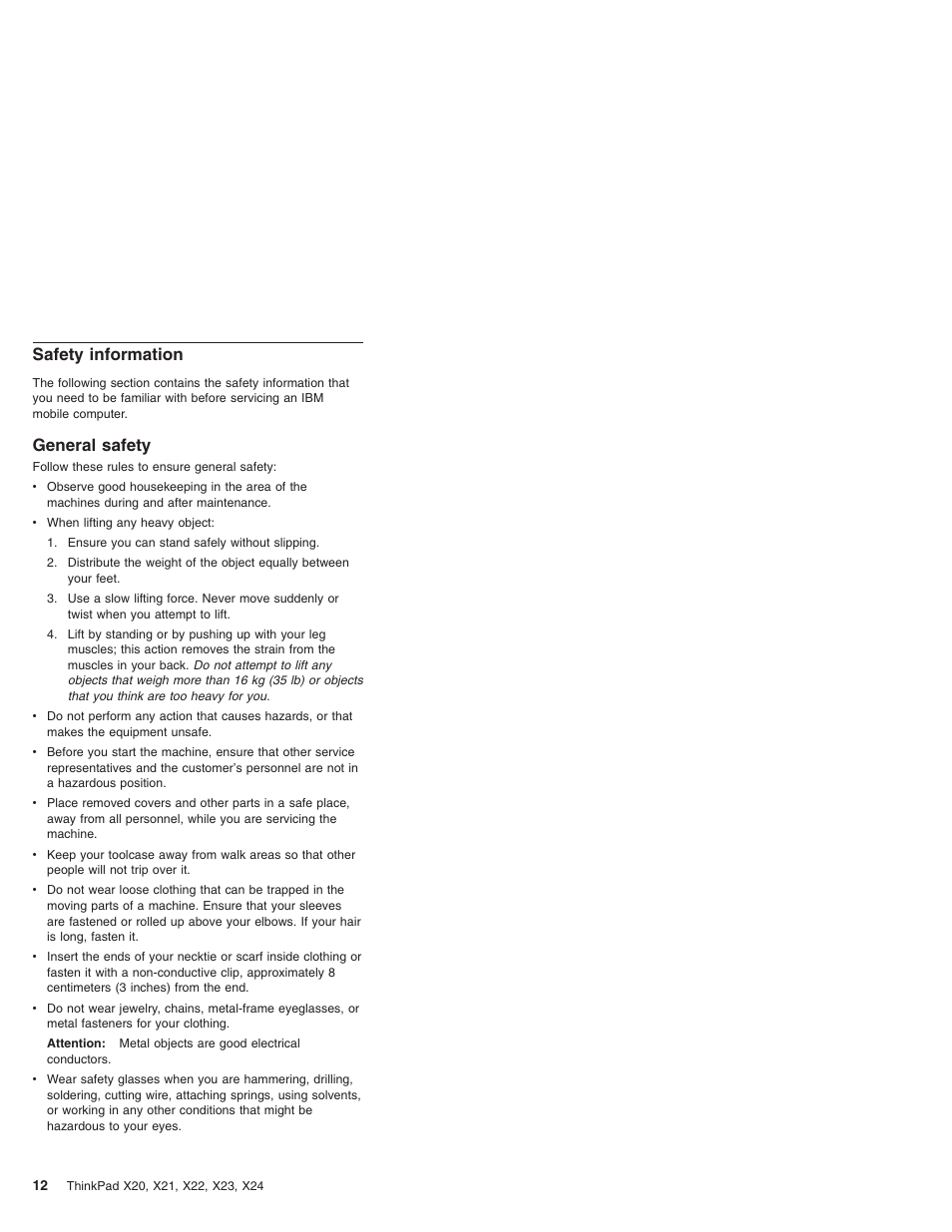 Safety information, General safety | IBM X23 User Manual | Page 16 / 141