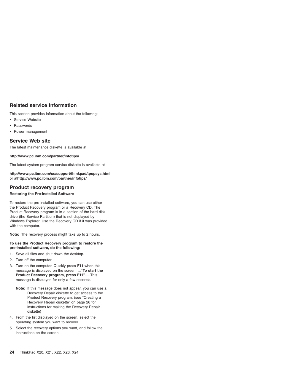 Related service information, Service web site, Product recovery program | IBM X23 User Manual | Page 28 / 141