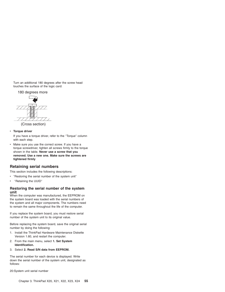 Retaining serial numbers, Restoring the serial number of the system unit | IBM X23 User Manual | Page 59 / 141